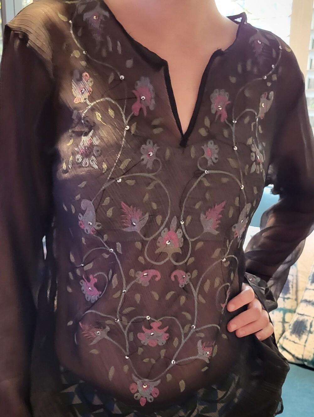 Sheer Black Embroidered Floral V-Neck Women's Top-Majora